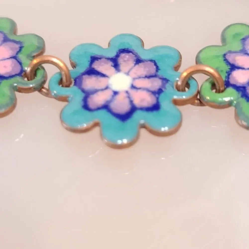 Vintage Copper Enamel Floral Bracelet Mid Century MCM Flower Panel Link 6.5